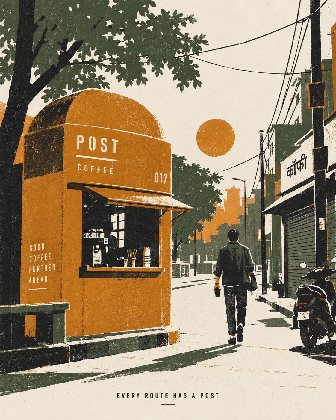 A screen print style illustration of a Post Coffee kiosk on an Indian street at dawn, with the line Every route has a post.