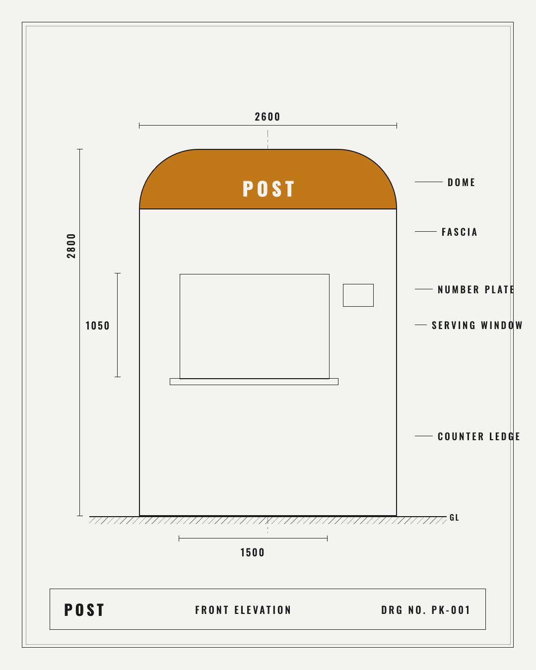 Front elevation drawing of the Post Coffee kiosk with dimensions in millimetres.