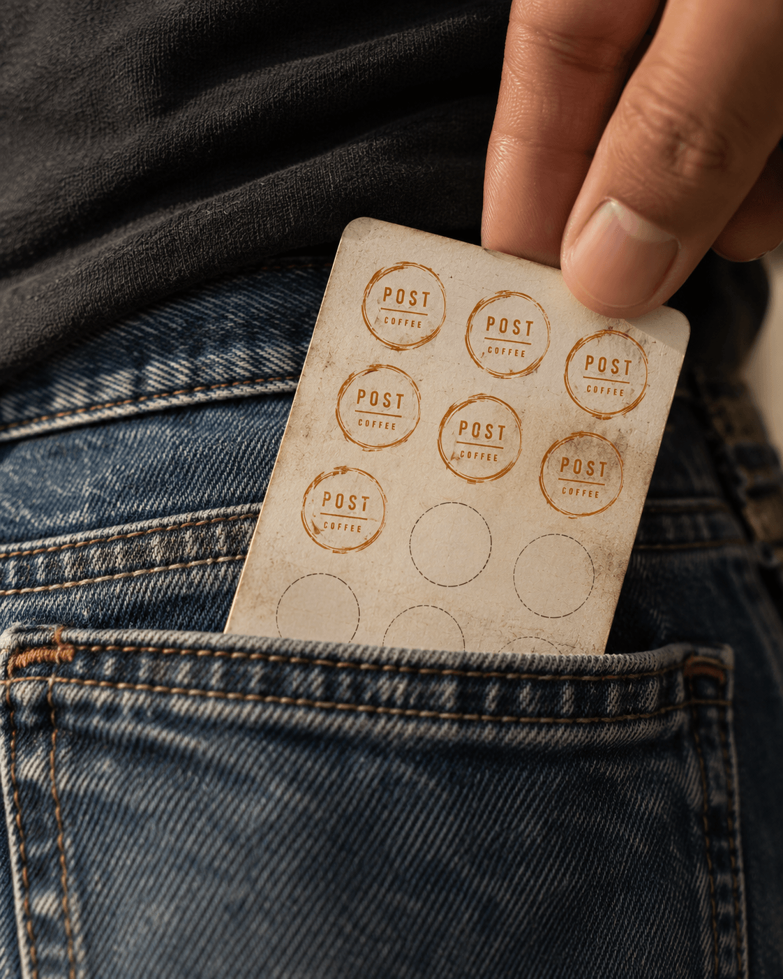 A worn Post Coffee card with postmarks stamped on it, pulled from a back pocket.